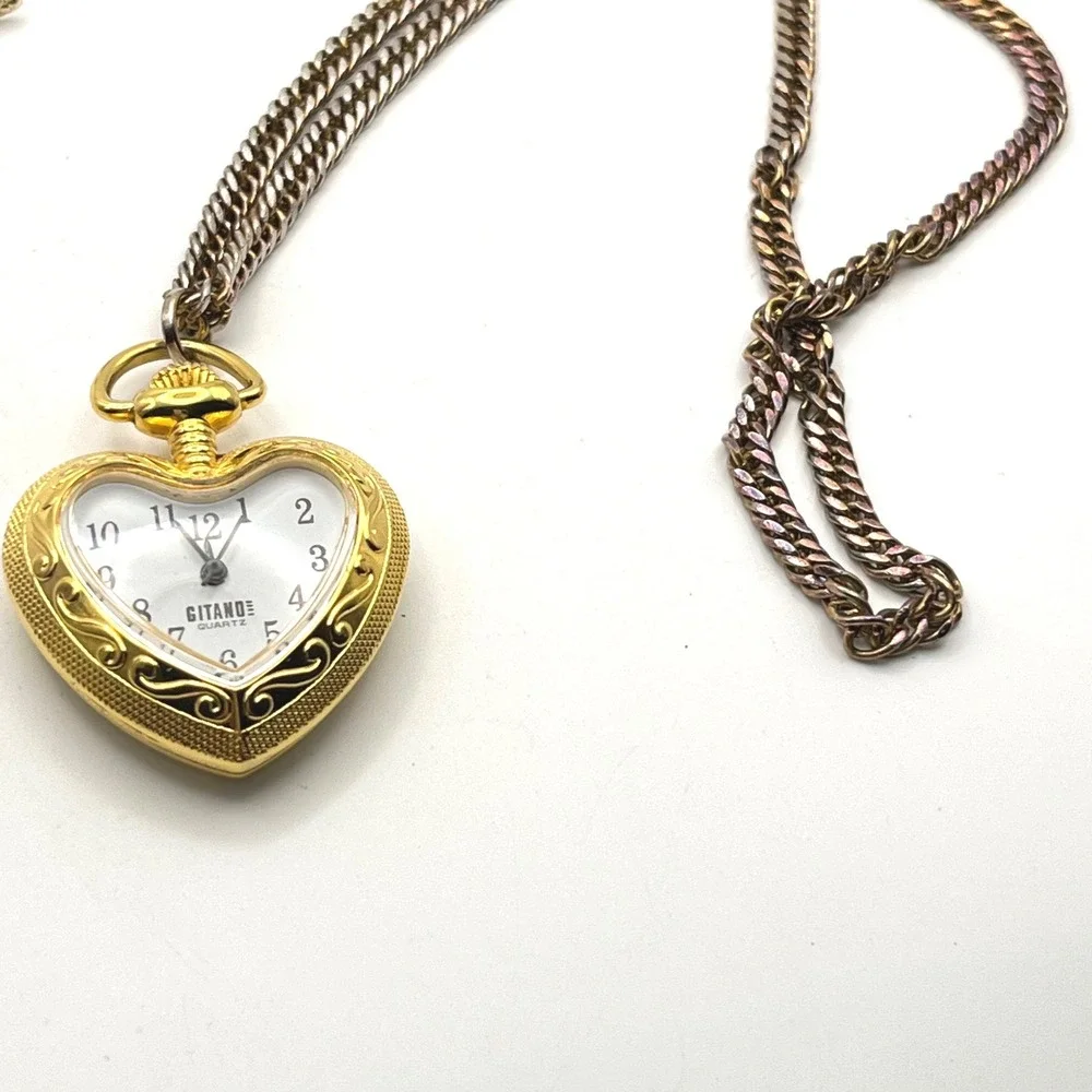 Vintage Gitano Gold Tone Heart Pocket Watch Necklace and Earrings Jewelry Set‎